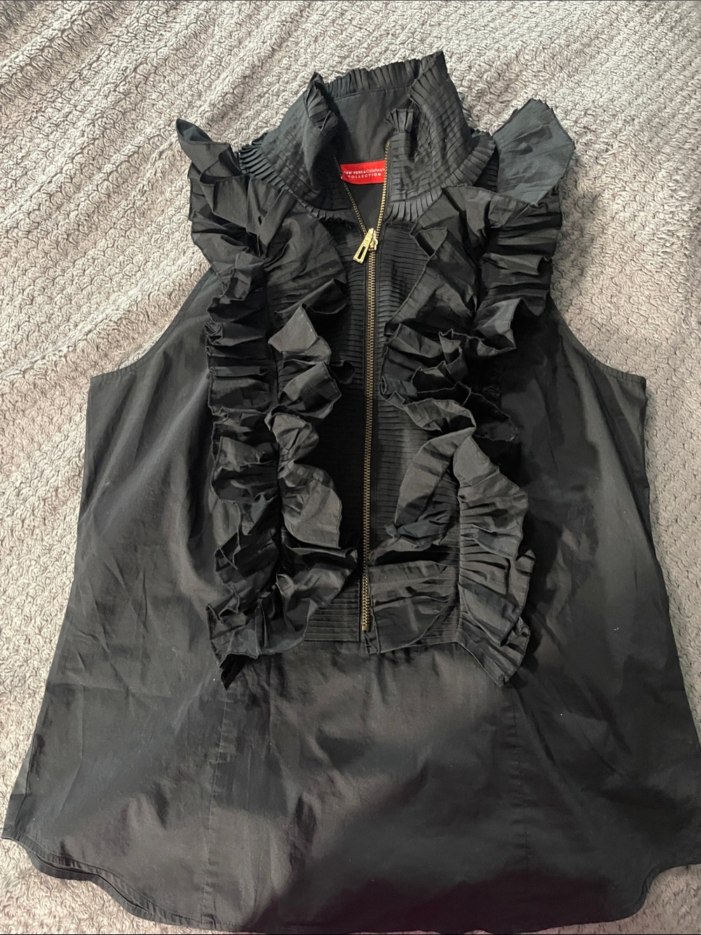 New York & Company Black Ruffle Front Sleeveless Blouse with Zip